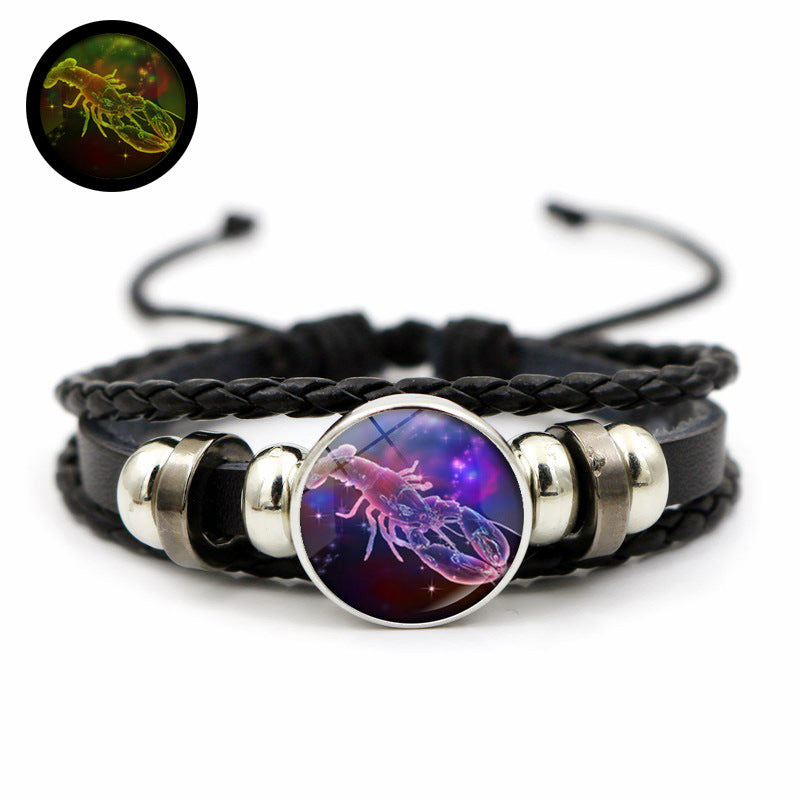 Doce de la constelación al por mayor brillo de piedra en la oscura pulsera de cuero con cuentas tejidas a mano